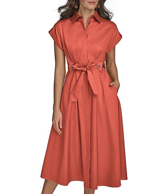 Donna Karan Cotton Sateen Collared Neck Short Sleeve Tie Sash Belt Midi Shirt Dress Product Image