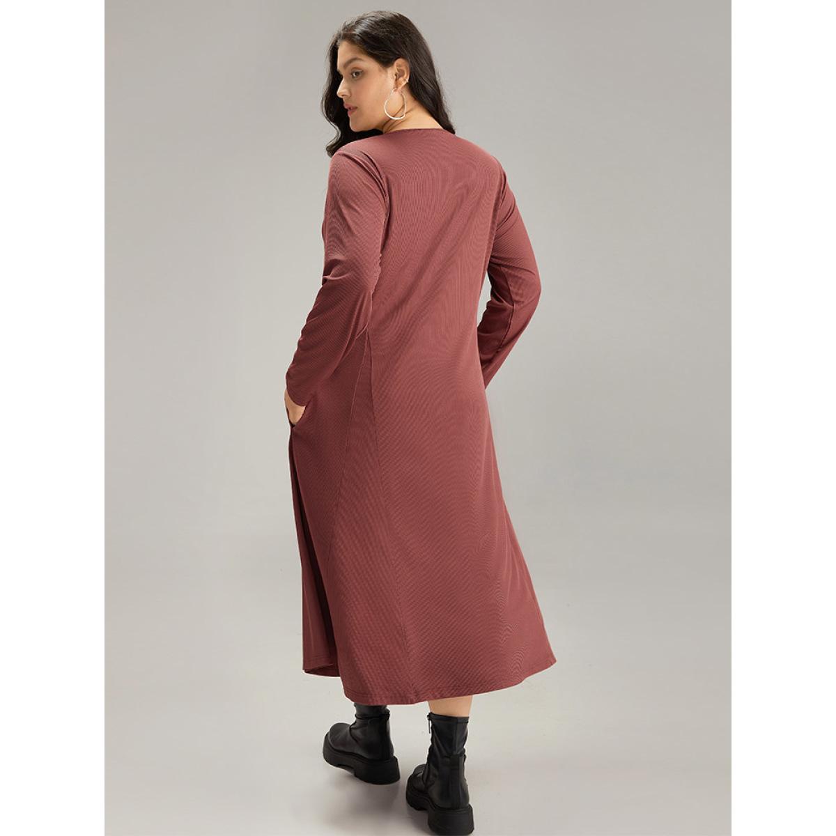 Plus Size Rib Knit Solid Button Up Pocket Ruffle Hem Dress Scarlet Women Casual Plain Round Neck Long Sleeve Curvy Midi Dress BloomChic 30/6X Product Image