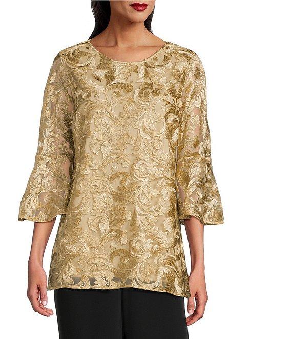 Caroline Rose Bella Soiree Embroidered Mesh Lace Scoop Neck 3/4 Bell Sleeve Tunic Product Image
