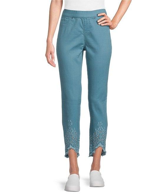 Intro Straight Leg Tulip Eyelet Embroidered Frayed Hem Pull-On Ankle Pants Product Image