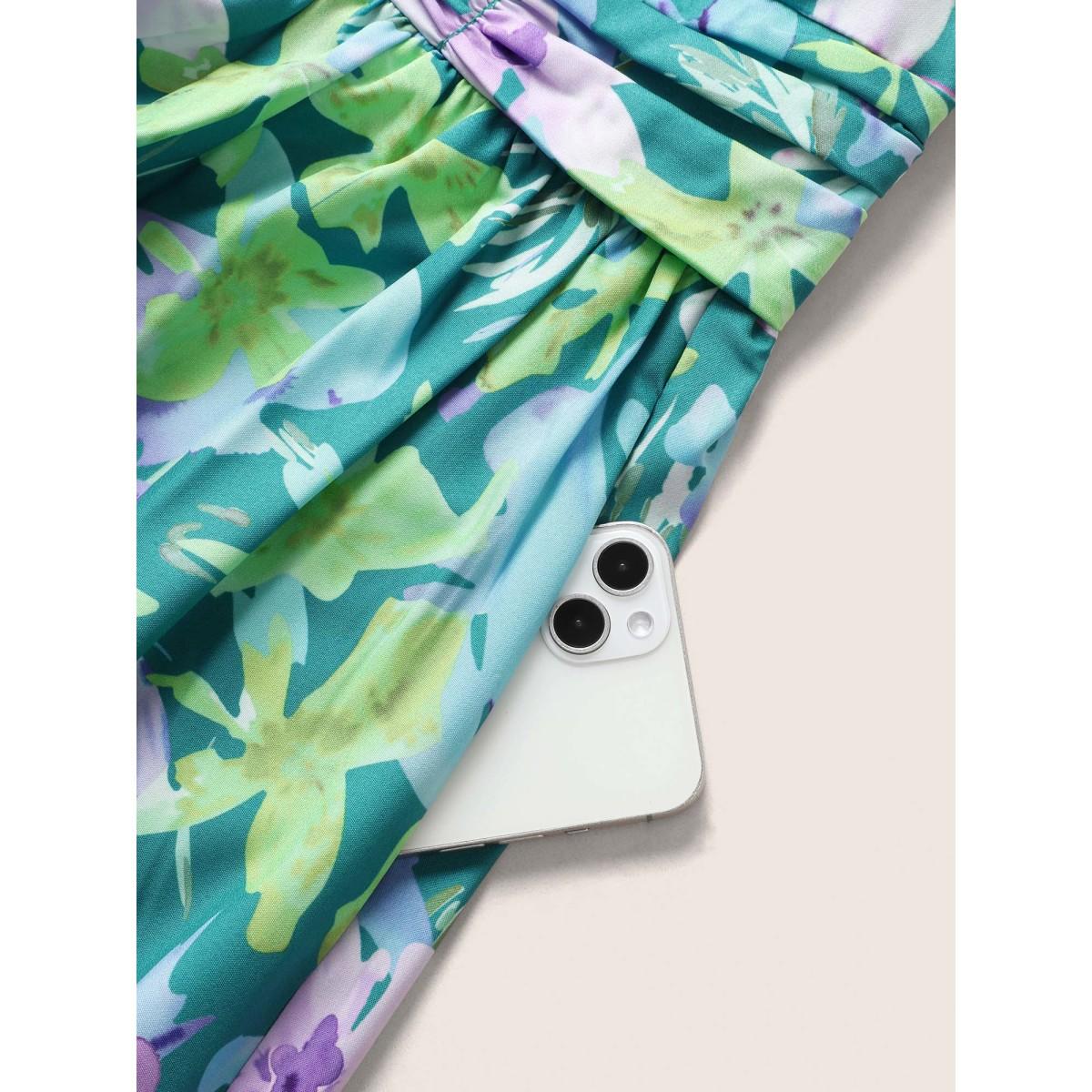 Plus Size Floral Print Pleated Ruffle Sleeve Dress Multicolor Women Elegant Pleated V-neck Short sleeve Curvy BloomChic 18-20/2X Product Image