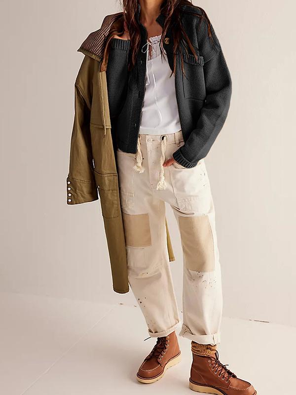 Long Sleeves Loose Buttoned Pockets Solid Color Split-Joint Stand Collar Cardigan Tops Product Image