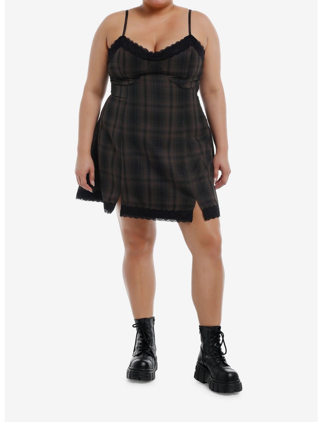Brown Plaid Lace Slit Slip Dress Product Image