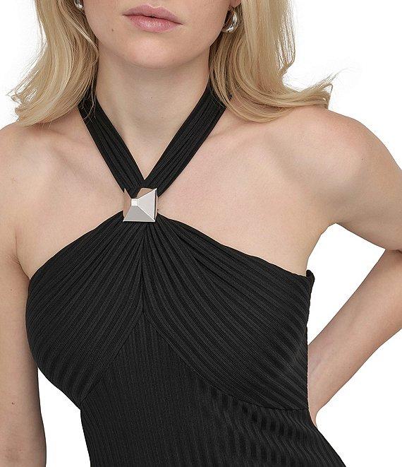 DKNY by Donna Karan Halter Criss Cross Back Ribbed Knit Sheath Midi Dress Product Image