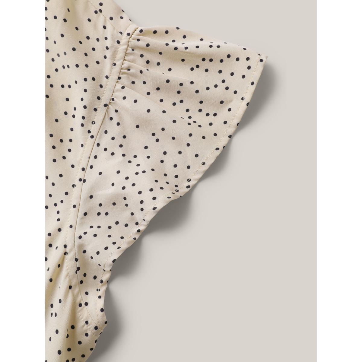 Plus Size Polka Dot Ruffled Bust-Defining Maxi Dress Beige Women At the Office Ruffles V-neck Cap Sleeve Curvy BloomChic 12/L Product Image