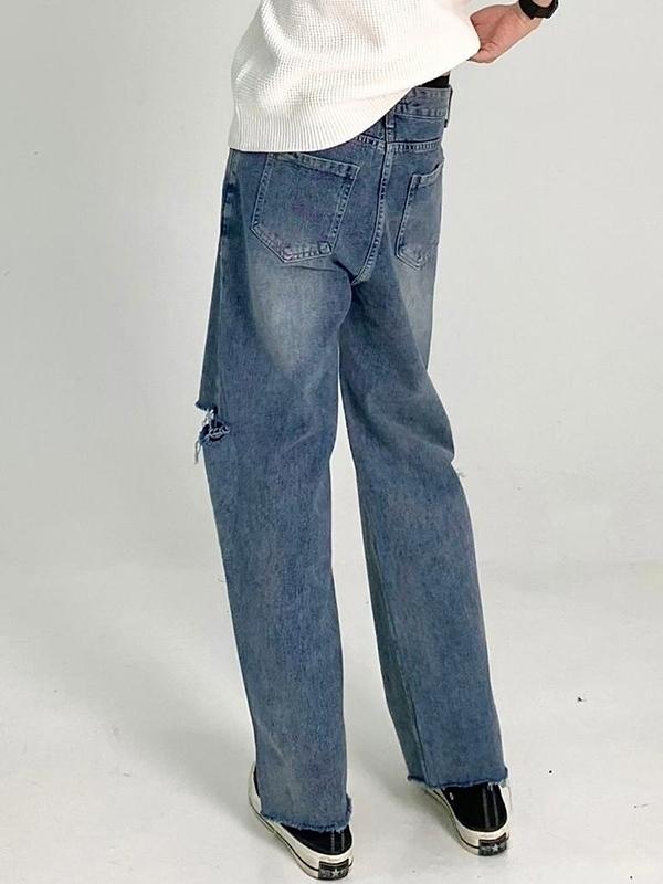 Men's Vintage Wash Ripped High Rise Loose Jeans Product Image