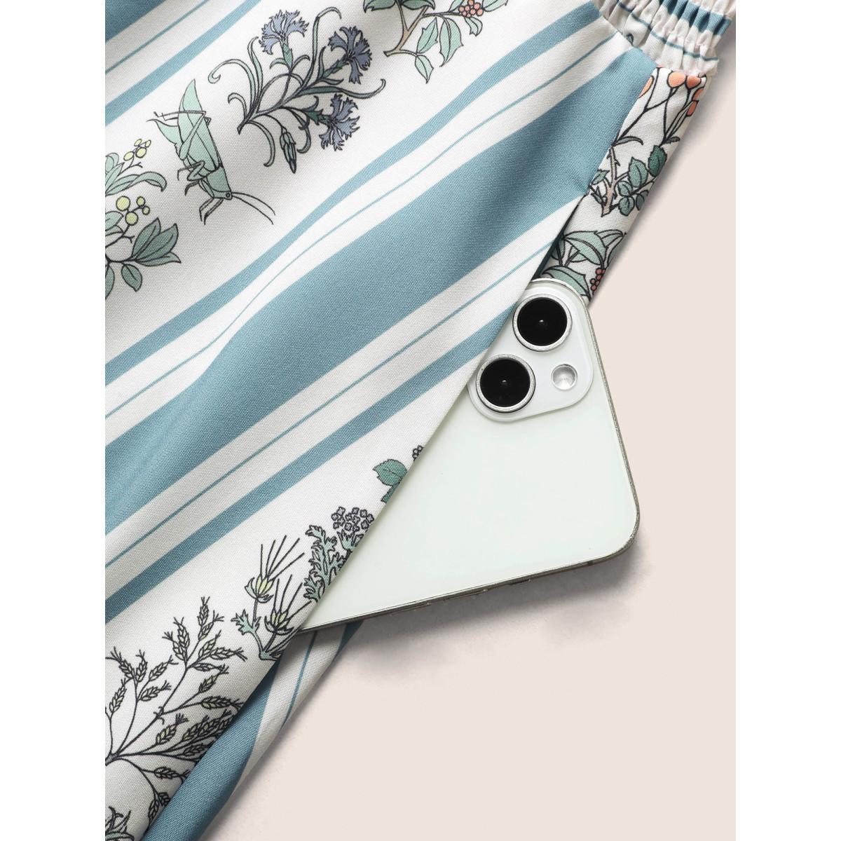 Plus Size Floral Patchwork Striped Shirred Puff Sleeve Dress LightBlue Women Elegant Gathered Heart neckline Short sleeve Curvy BloomChic 26/4X Product Image