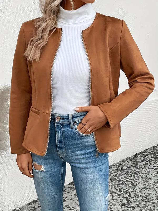 Long Sleeves Loose Pockets Solid Color Split-Joint Zipper Round-Neck Jackets Outerwear Product Image