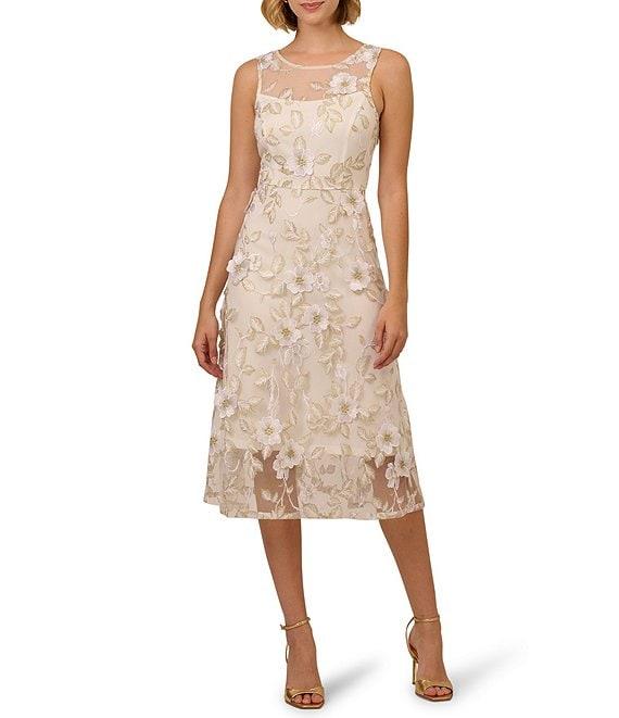 Adrianna Papell 3D Embroidered Floral Crew Neck Sleeveless A-Line Midi Dress Product Image