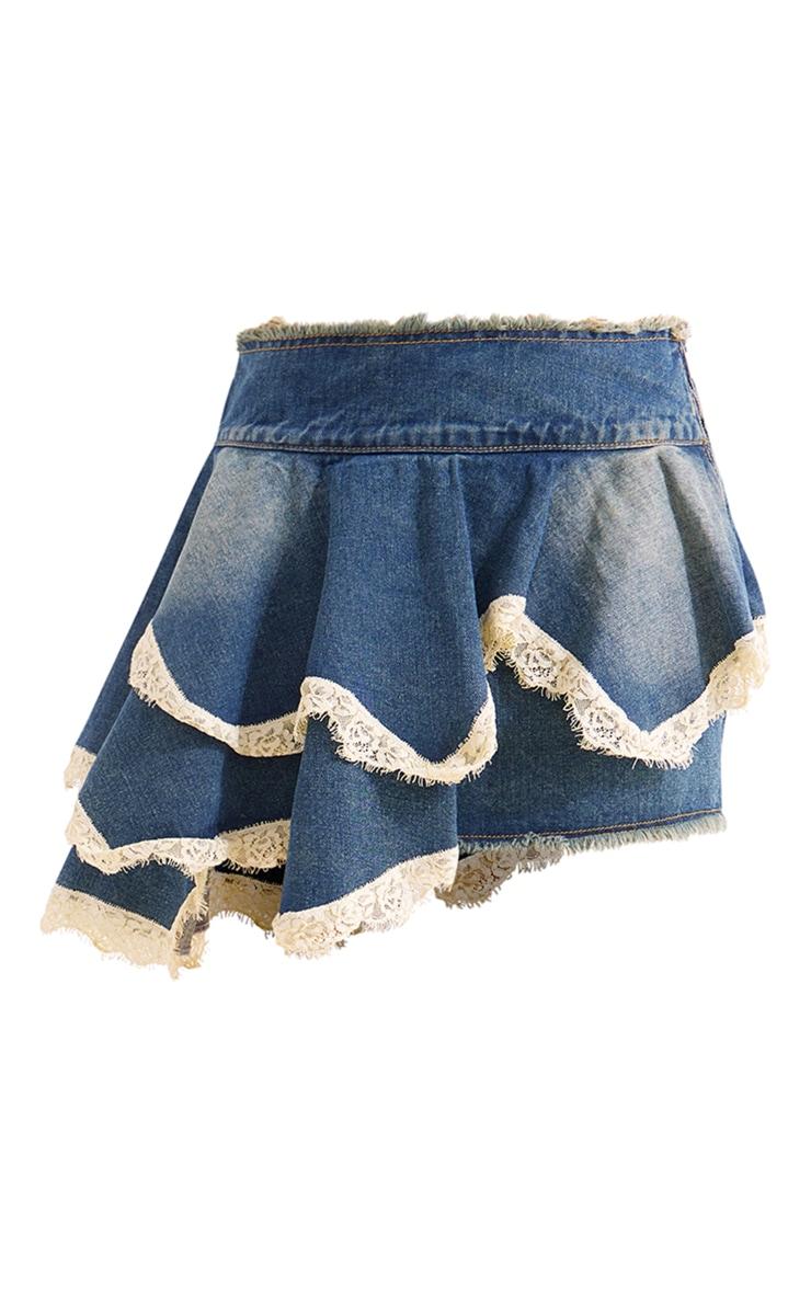 Mid Blue Wash Lace Trim Freyed Edge Denim Skater Skirt Product Image
