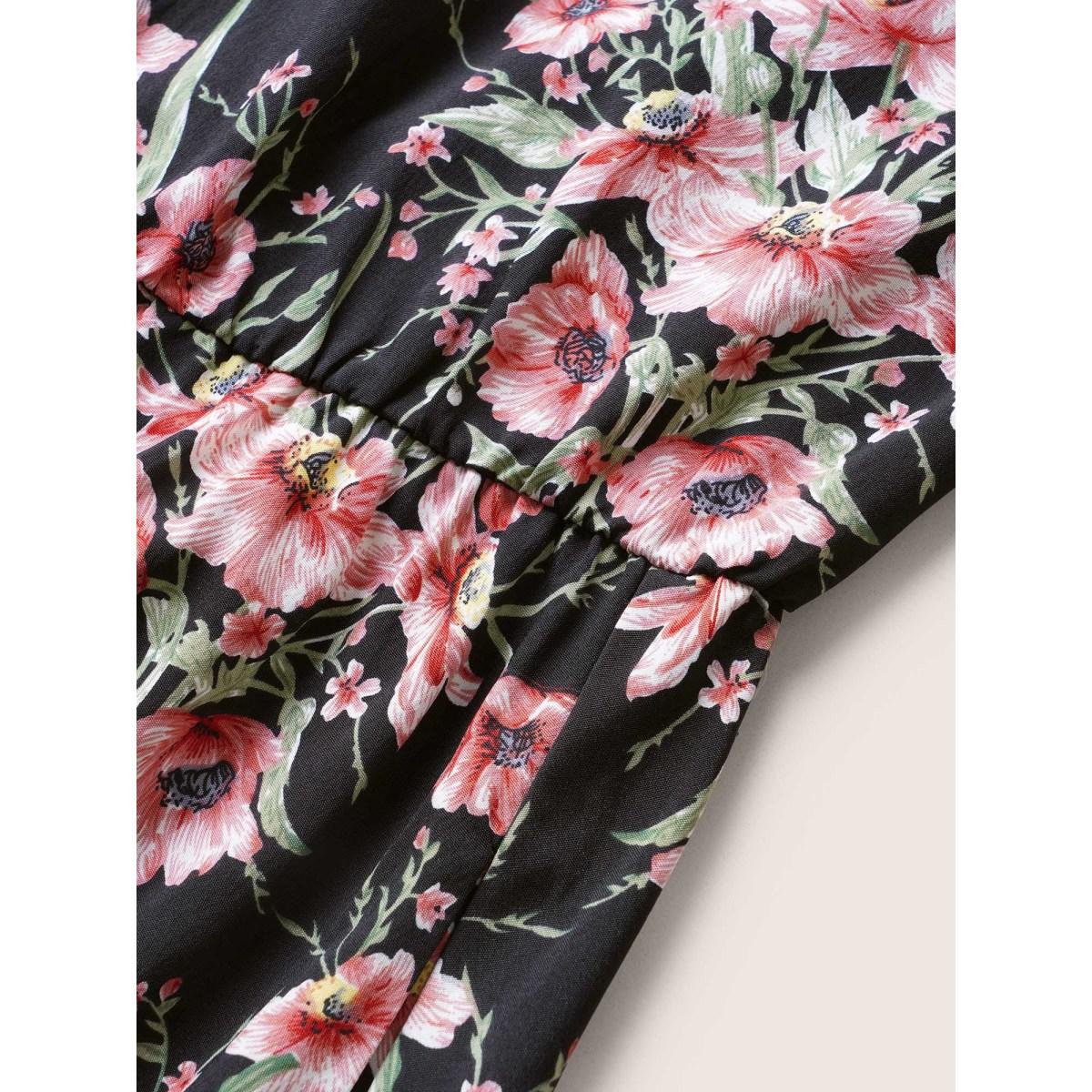 Plus Size Floral Print Halter Elastic Waist Belted Dress Black Women Elegant Non Halter neck Sleeveless Curvy Midi Dress BloomChic 18-20/2X Product Image