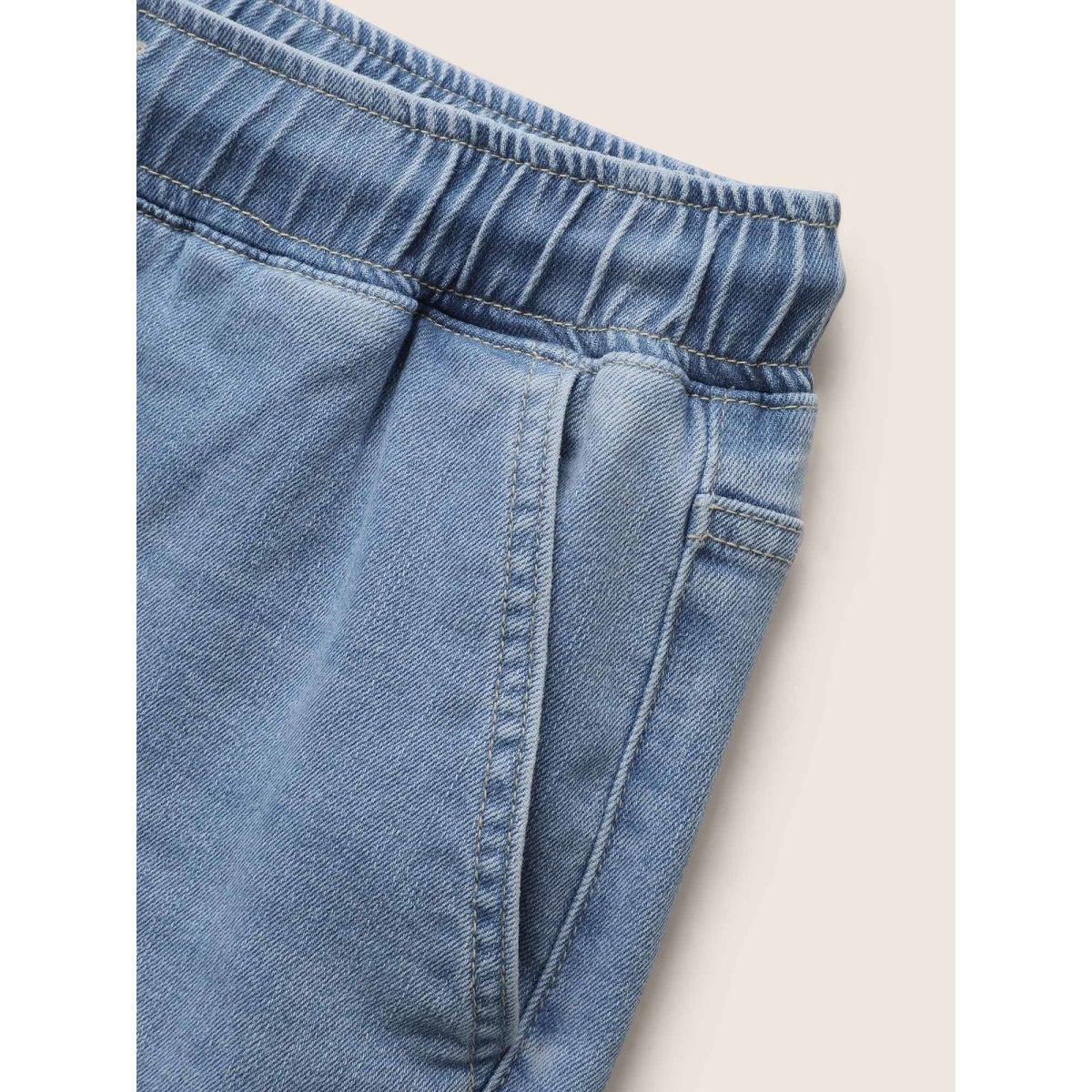 Plus Size Light Wash Elastic Waist Drawstring Denim Shorts Women Denimlightblue Drawstring Medium stretch Everyday Slanted pocket Casual Denim Shorts BloomChic 18/2X Product Image