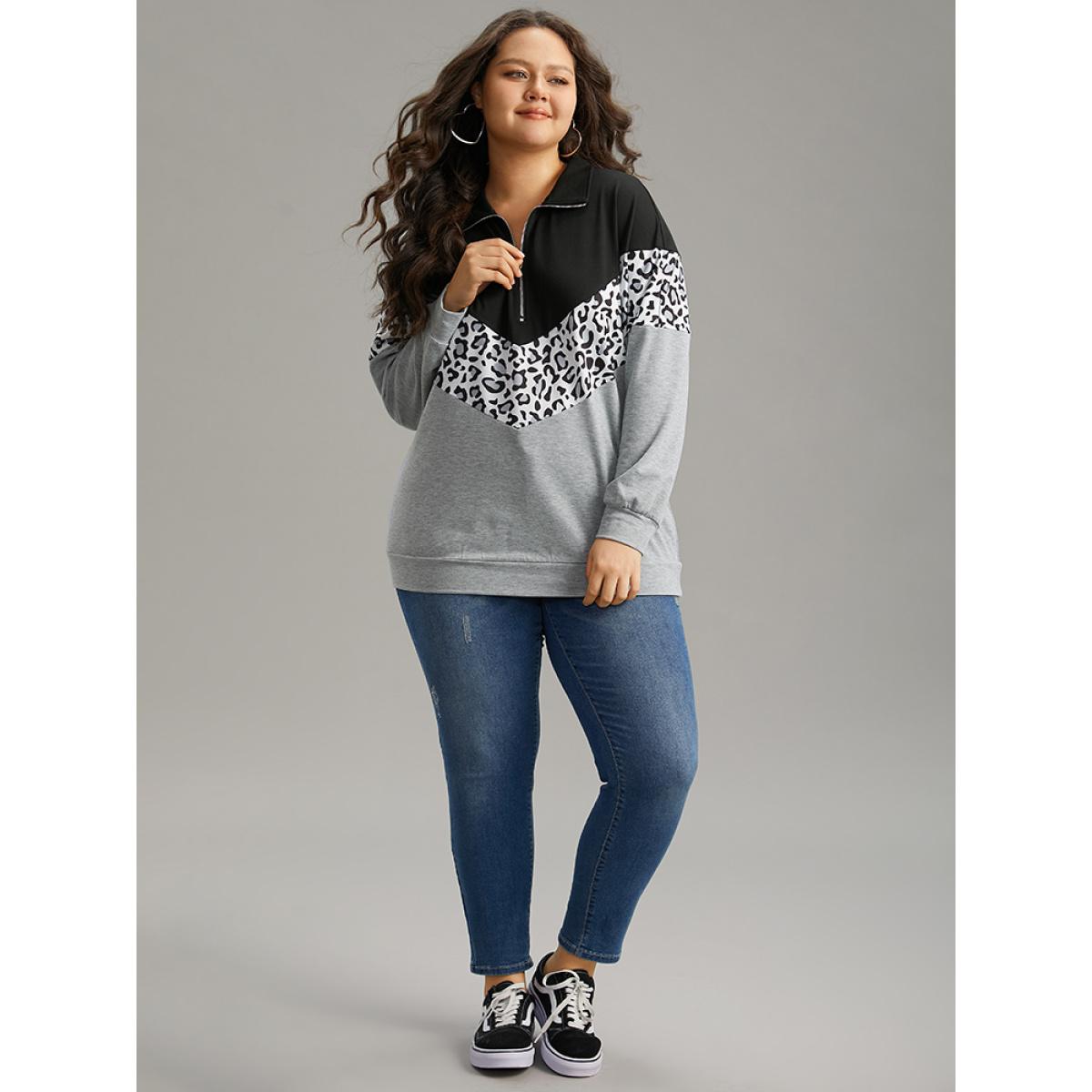 Plus Size Leopard Contrast Patchwork Half Zip Sweatshirt Women Black Casual Elastic cuffs Loose Polo Everyday Sweatshirts BloomChic 12/L Product Image