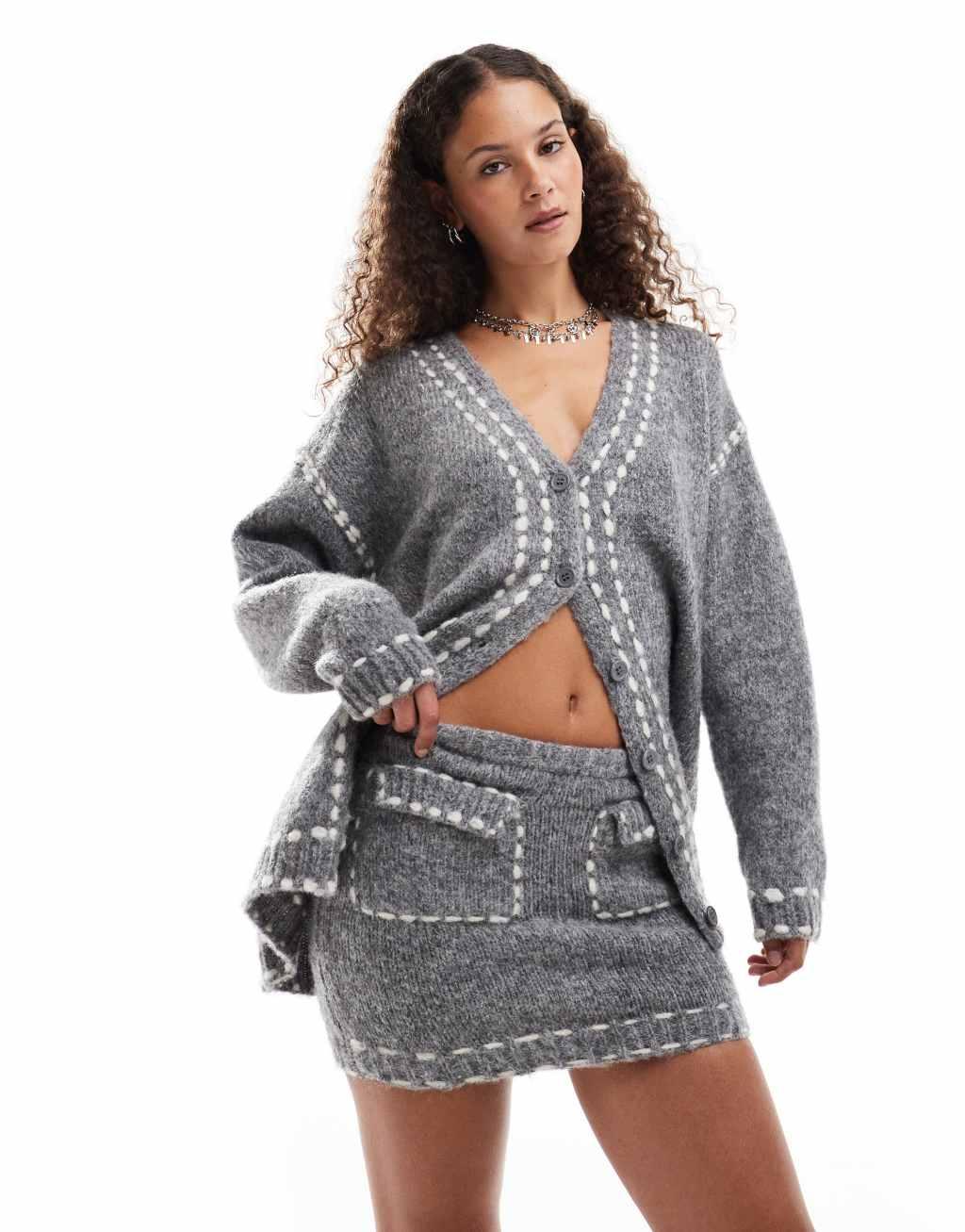 Emory Park stitch detail knit mini skirt in gray - part of a set Product Image