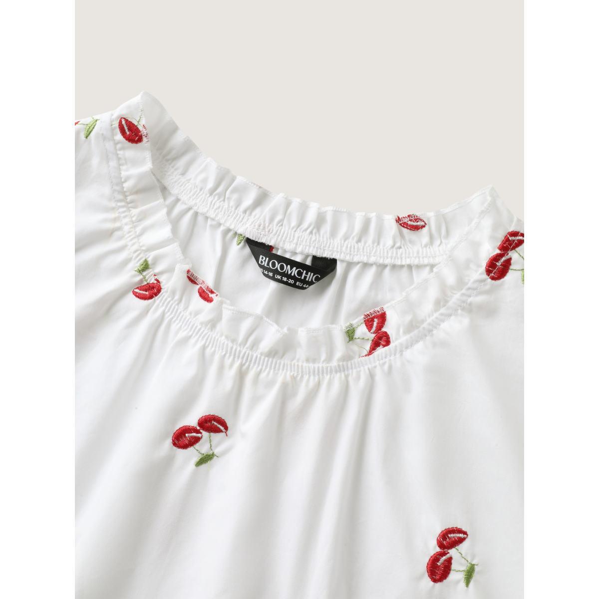 Plus Size WhiteSmoke Cotton Cherry Embroidery Ruffled Neck Blouse Women Timeless Short sleeve Round Neck Elegant Blouses BloomChic 18-20/2X Product Image