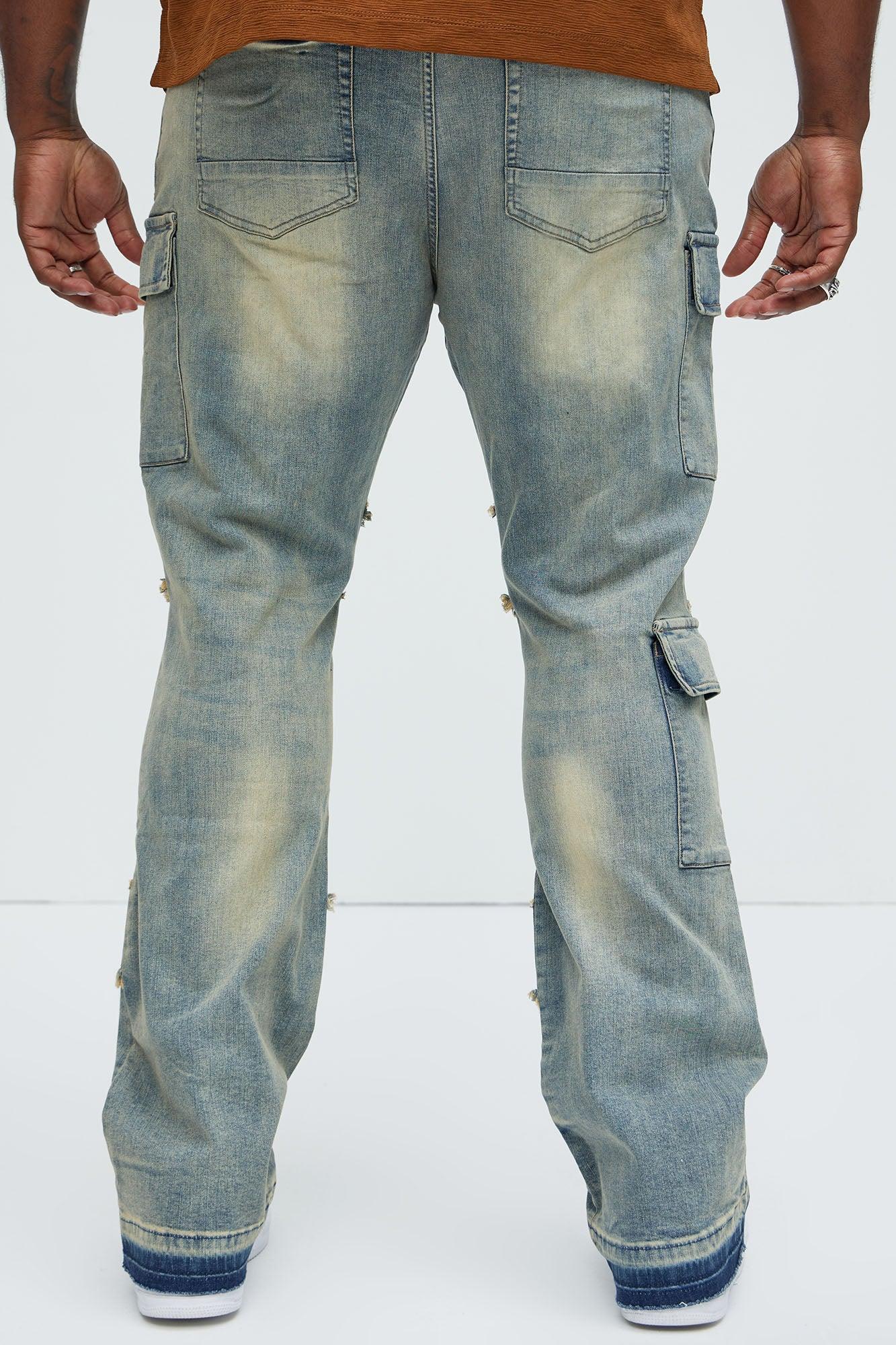 Side Snap Cargo Stacked Skinny Flare Jeans - Medium Wash Product Image