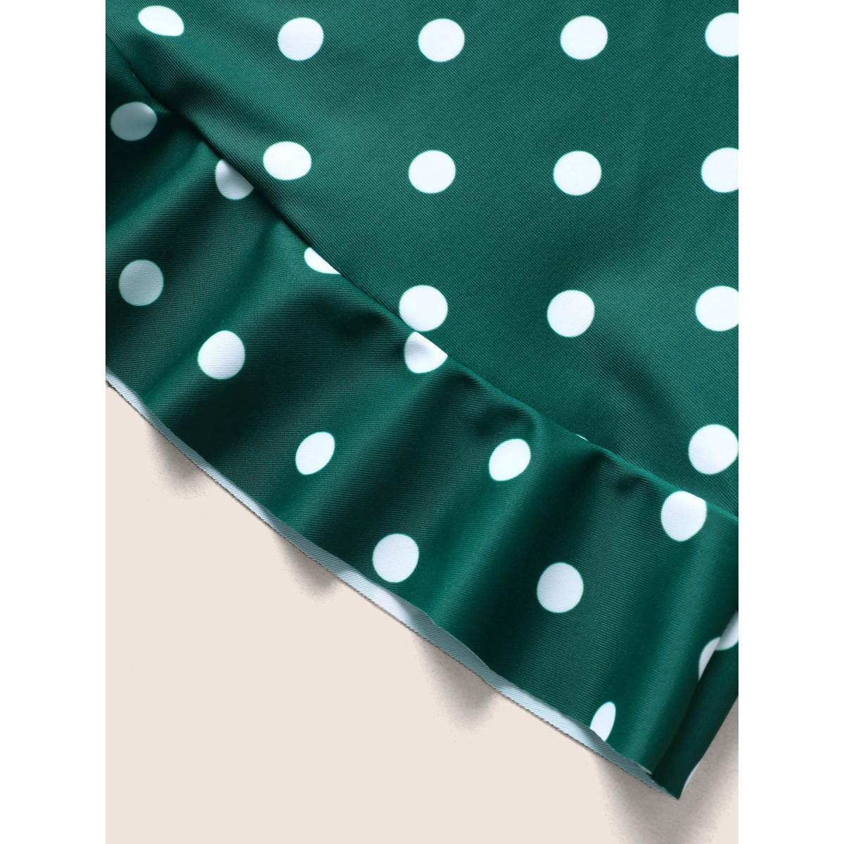 Plus Size Overlap Collar Polka Dot Tie Knot Ruffles Swim Dress Women's Swimwear DarkGreen Beach Bodycon Overlap Collar High stretch Curve Swim Dresses BloomChic 10/M Product Image