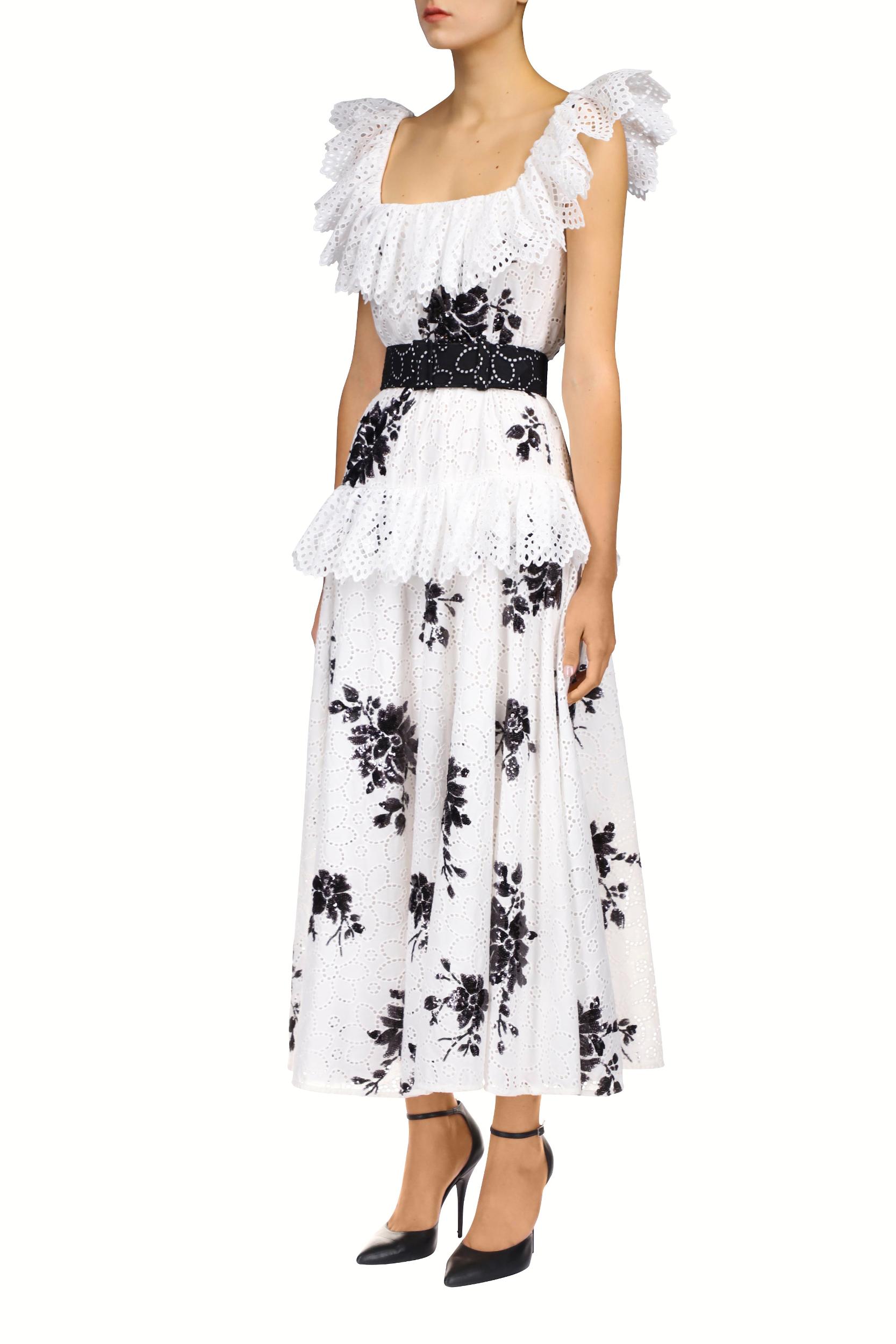 White Cotton Eyelet Dress With Floral Sequins, Eyelet Ruffle Detail And Belt Product Image