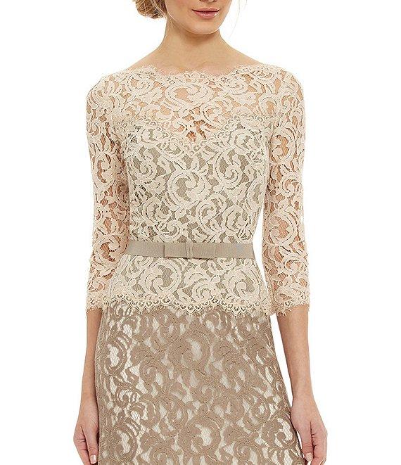 Tadashi Shoji Illusion Boat Neck 3/4 Sleeve Two Tone Floral Lace Scallop Hem Belted Gown Product Image