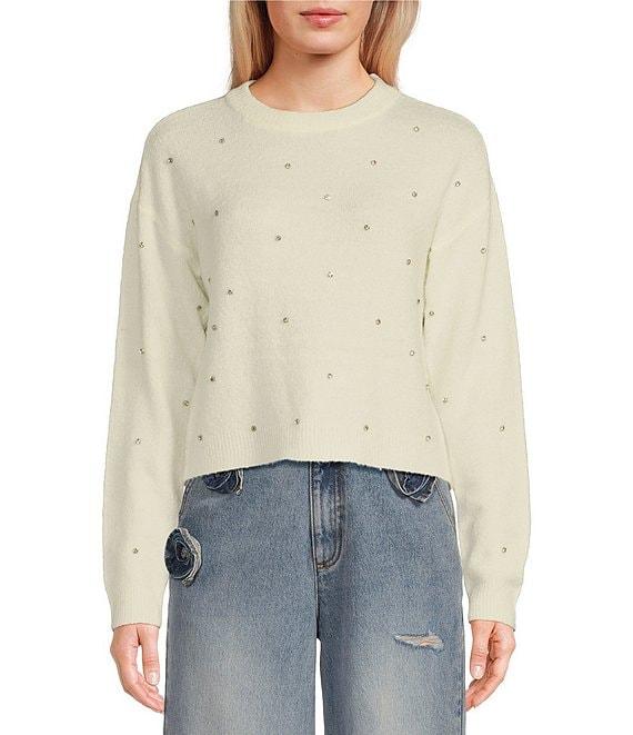 C&V Chelsea & Violet Round Neck Long Sleeve Scattered Rhinestones Sweater Product Image