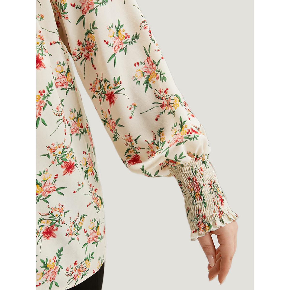 Plus Size White Floral Print Shirred Frill Trim Blouse Women Elegant Long Sleeve Round Neck Dailywear Blouses BloomChic 12/L Product Image