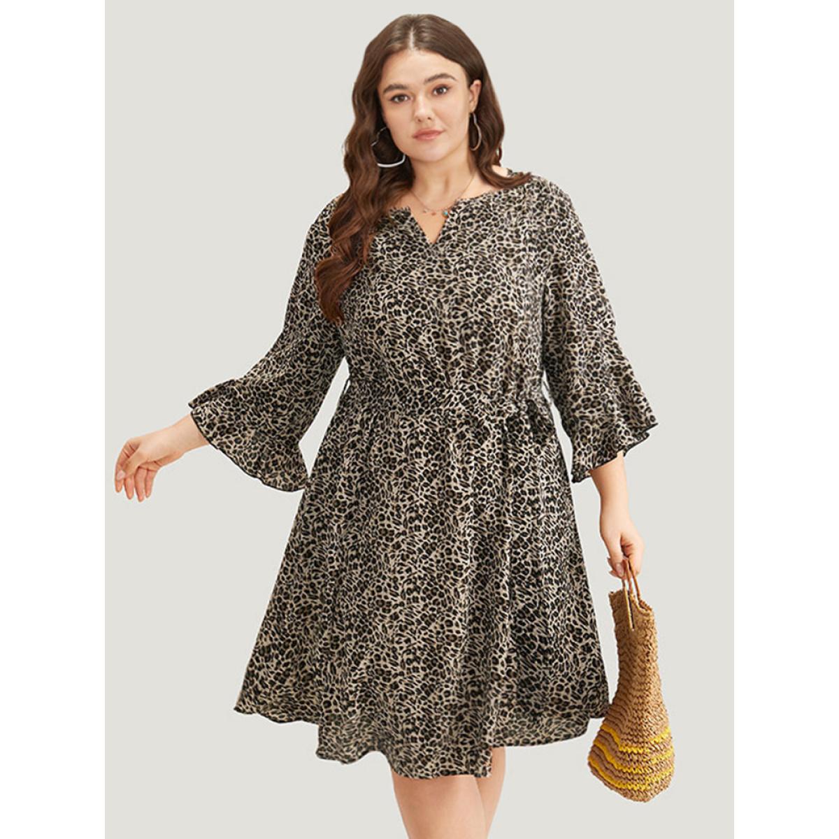 Plus Size Leopard Print Belted Notched Pocket Dress Leopard Women Vacation Belted Notched collar Elbow-length sleeve Curvy Knee Dress BloomChic 30/6X Product Image