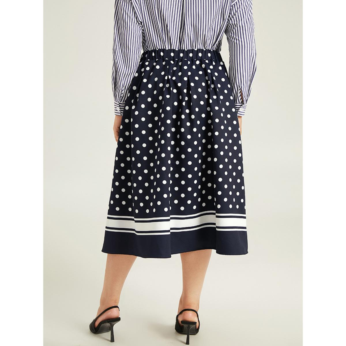 Plus Size Polka Dot Elastic Waist Contrast Skirt Women Indigo Office A-line No stretch Pocket Office Skirts BloomChic 30/6X Product Image