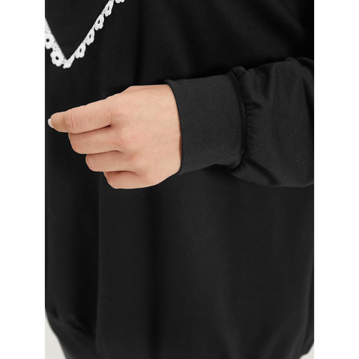 Plus Size Lace Insert V Neck Elastic Cuffs Sweatshirt Women Black Elegant Elastic cuffs V-neck Dailywear Sweatshirts BloomChic 22-24/3X Product Image