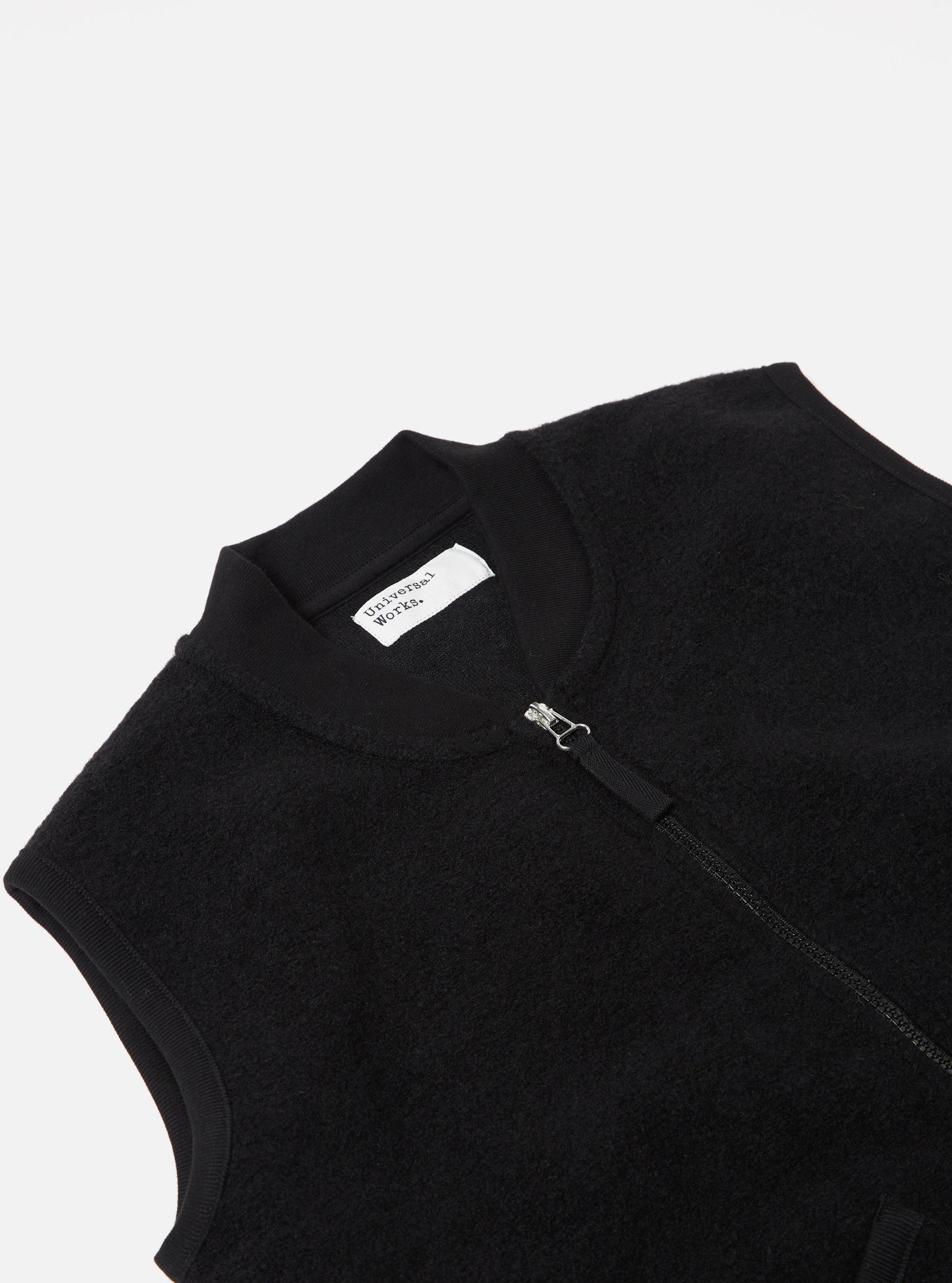 Universal Works Zip Waistcoat in Black Wool Fleece Product Image