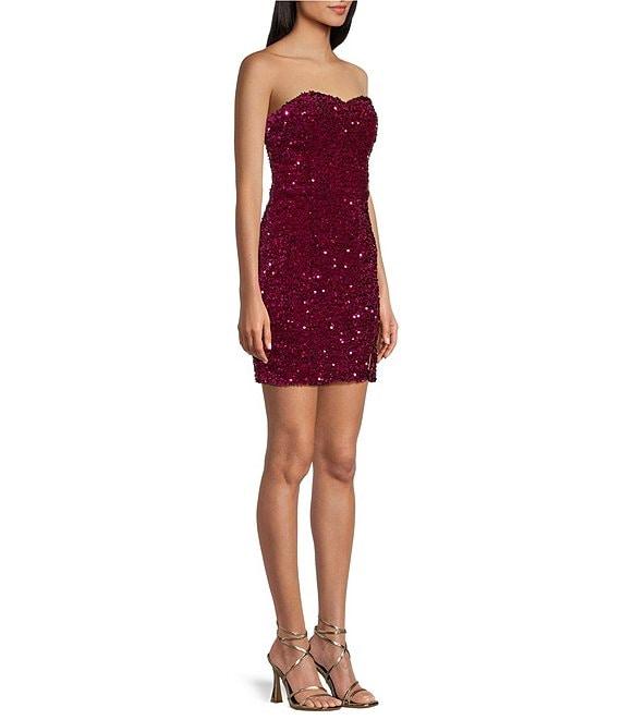 Midnight Doll Strapless Sweetheart Neck Velvet Sequin Removeable Semi-Bodycon Dress Product Image