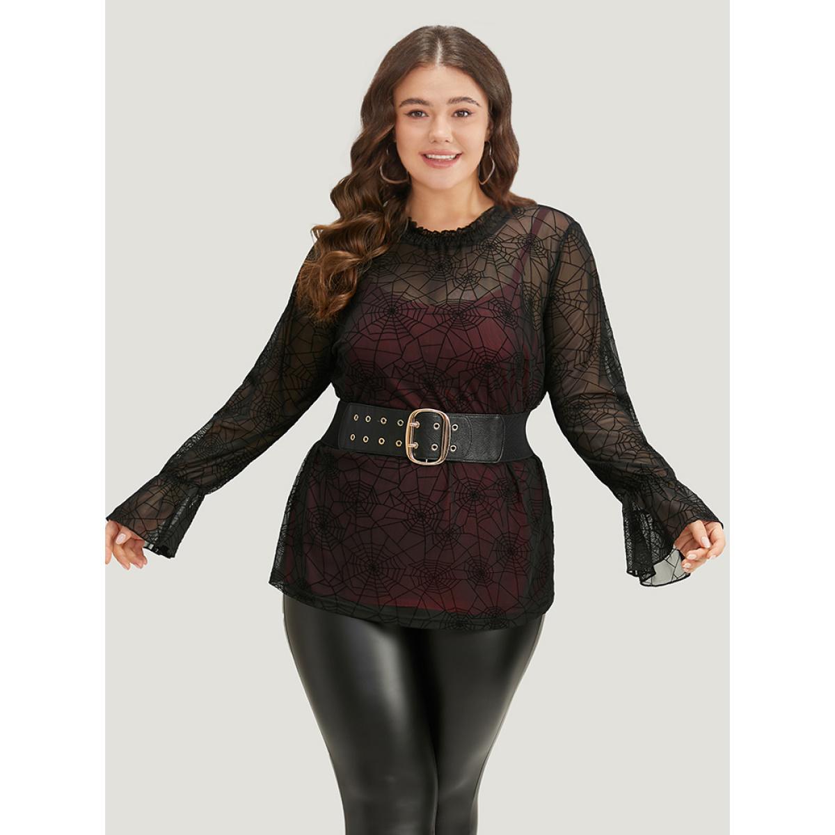 Plus Size Black Halloween Spider Web Mesh Bell Sleeve Blouse Women Elegant Long Sleeve Halter neck Festival-Halloween Blouses BloomChic 12/L Product Image
