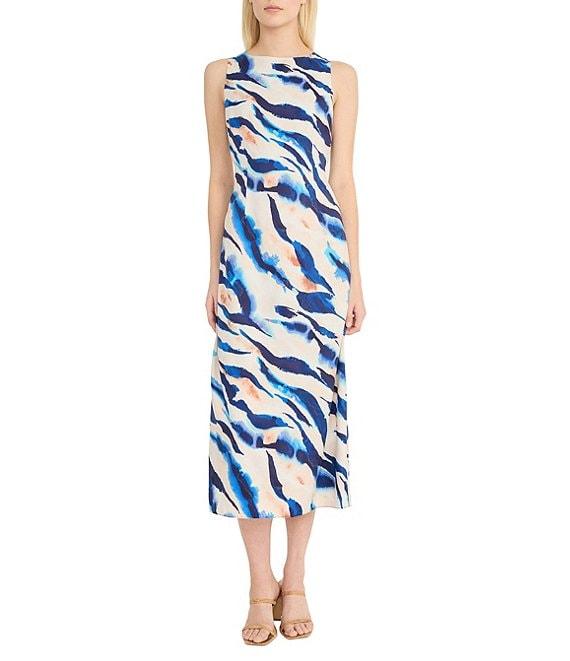 Donna Morgan Zebra Print Crew Neck Sleeveless Sheath Self Tie Midi Dress Product Image