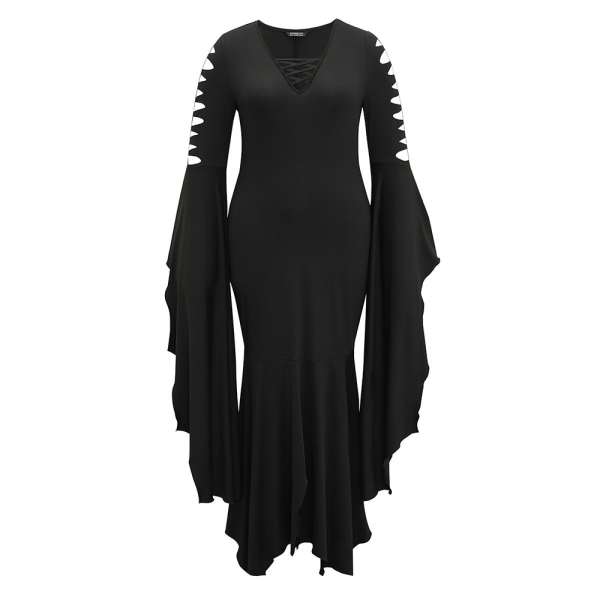 Plus Size Halloween Ripped Extra Long Sleeve Dress Black Women Elegant Plain V-neck Extra Long Sleeve Curvy Maxi Dress BloomChic 22-24/3X Product Image