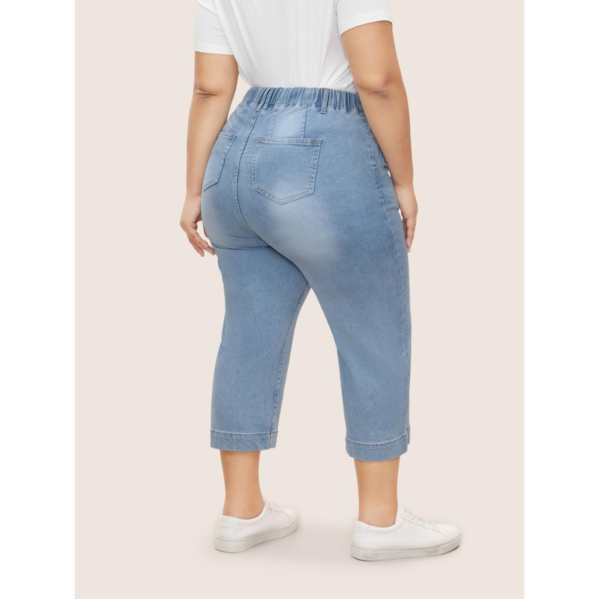 Plus Size Light Wash Drawstring Straight Leg Jeans Women LightBlue Casual Drawstring High stretch Slanted pocket Jeans BloomChic 10/M Product Image