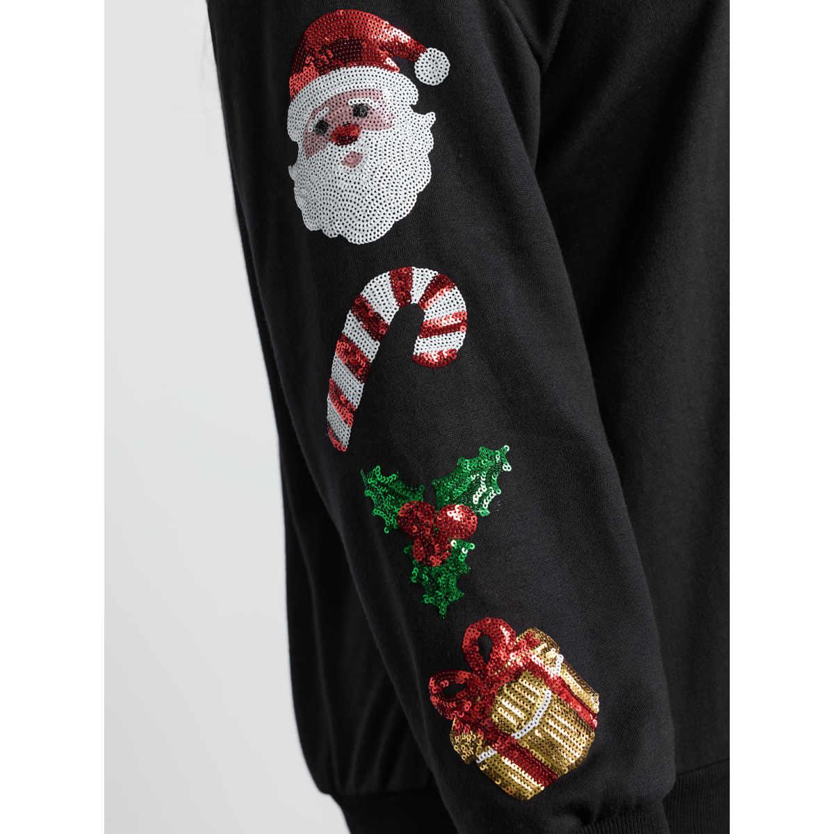 Plus Size Holiday Sequin Embroidery Relaxed-Fit Sweatshirt Women Black Leisure Round Neck Casual Sweatshirts BloomChic 14-16/1X Product Image