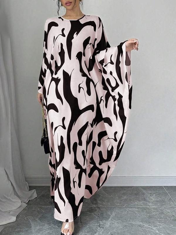 Batwing Sleeves Loose Contrast Color Printed Round-Neck Maxi Dresses Product Image