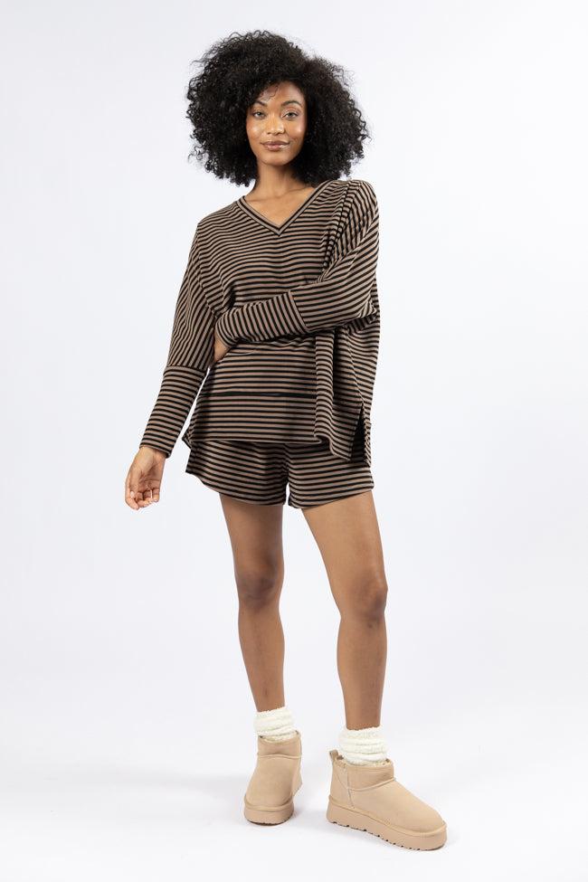 No Complaints Mocha and Black Striped Shorts FINAL SALE Product Image