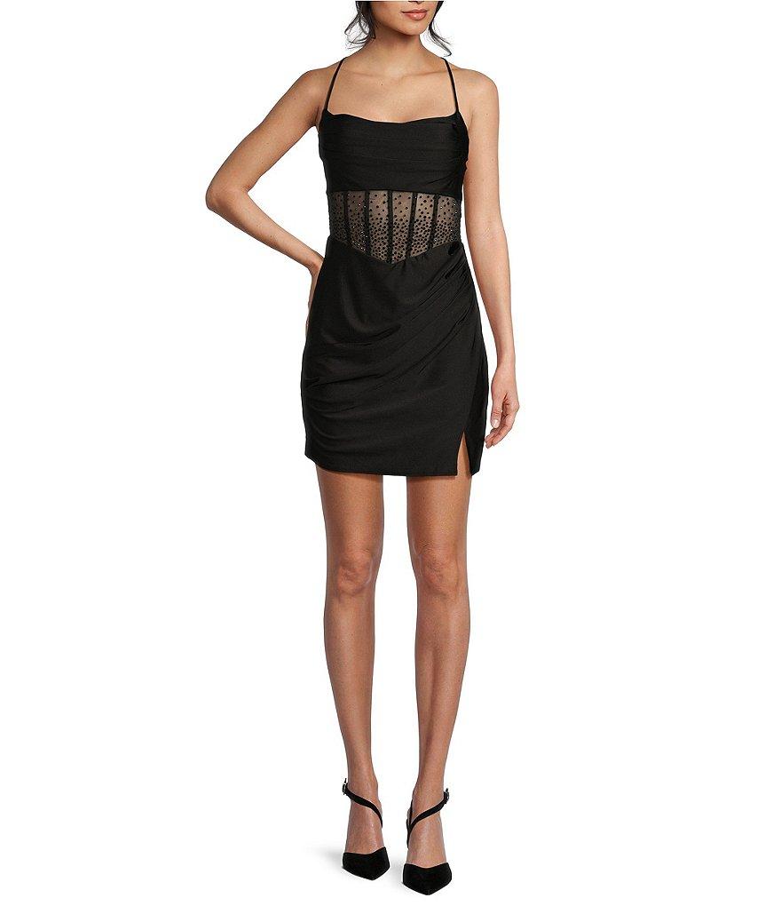 B. Darlin Spaghetti Strap Cowl Neck Shirred Detail Slim Dress Product Image