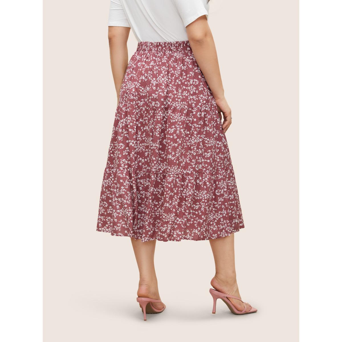 Plus Size Ditsy Floral Elastic Waist Pocket Skirt Women DustyPink Elegant Non No stretch Slanted pocket Everyday Skirts BloomChic 26/4X Product Image