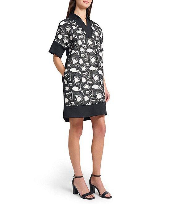 Ming Wang Mixed-Media Two-Toned Lace Point Collar V-Neck Short Sleeve Dress Product Image