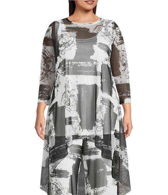 IC Collection Plus Size Printed Mesh Boat Neck 3/4 Sleeve High Low Coordinating Top Product Image