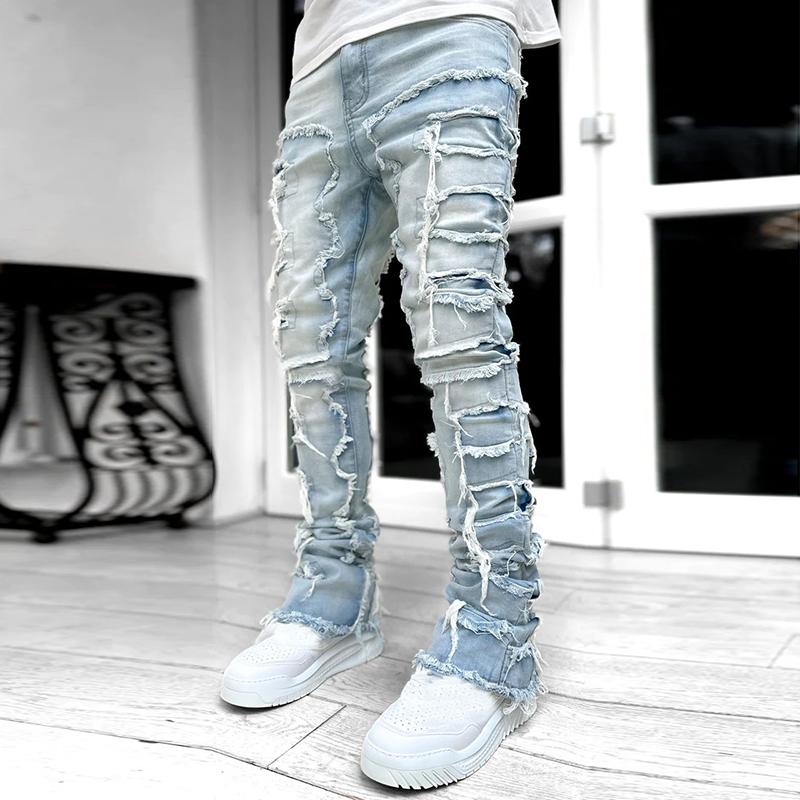 Men's Hiphop Fashion Elastic Patch Denim Straight Pants Product Image