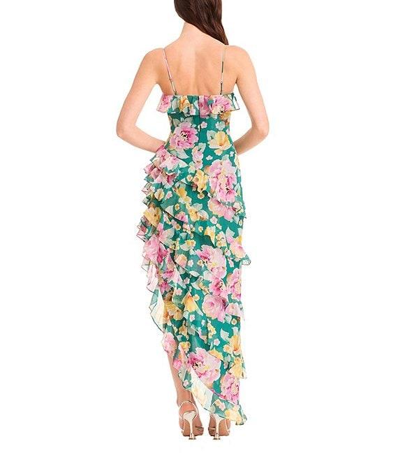 Dress the Population Josefina V-Neck Strapless Floral Print Georgette Ruffle Asymmetrical Maxi Dress Product Image