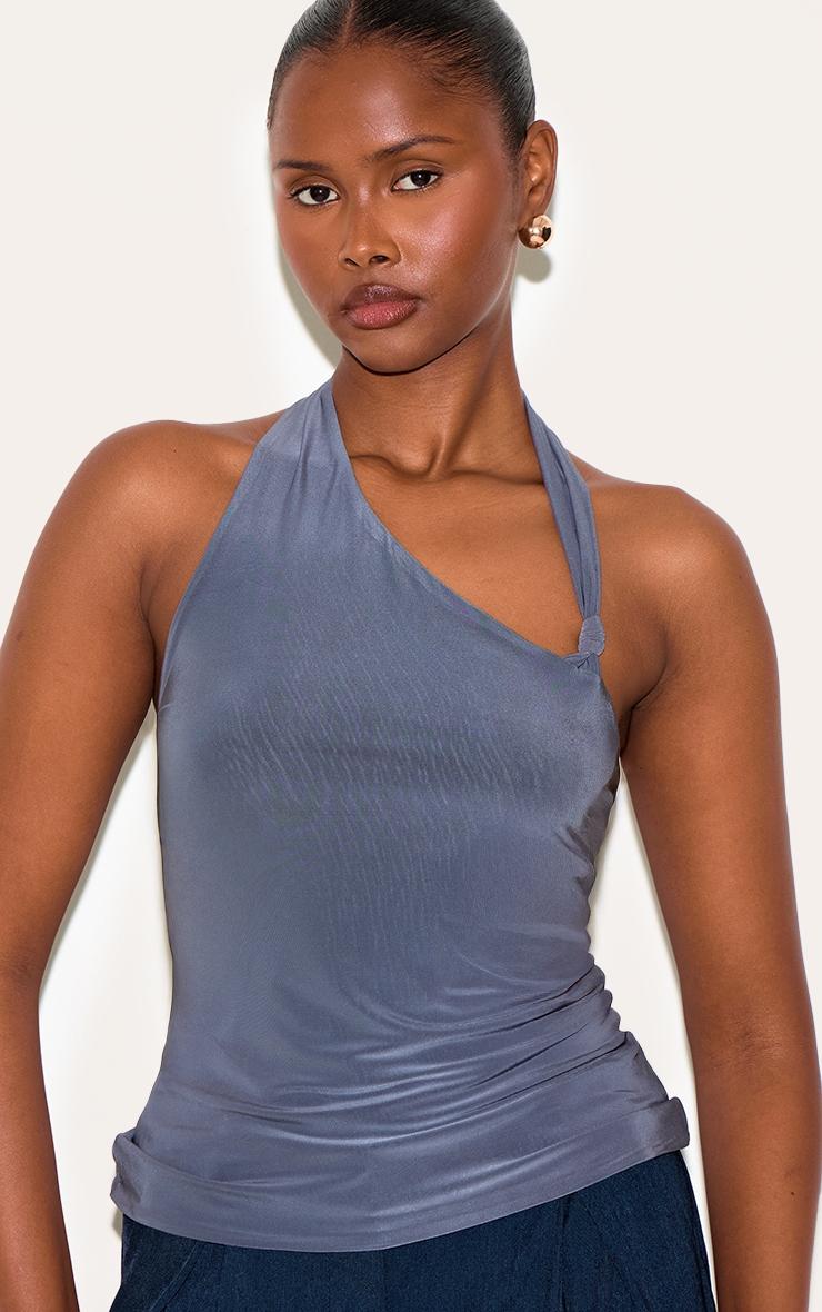 Slate Grey Slinky Halterneck Knot Detail Top Product Image