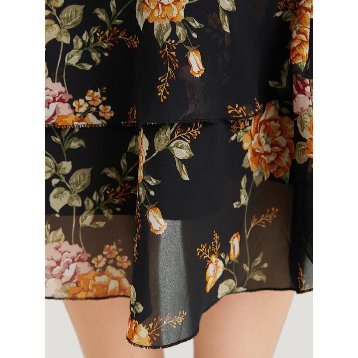 Plus Size Floral Printed Flutter Layered Skirt Women Black Elegant See through No stretch Pocket Dailywear Skirts BloomChic 12/L Product Image