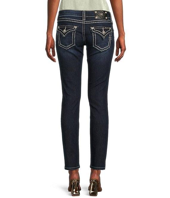 Miss Me Saddle Border Stitch Flap Pocket Low Rise Skinny Jeans Product Image