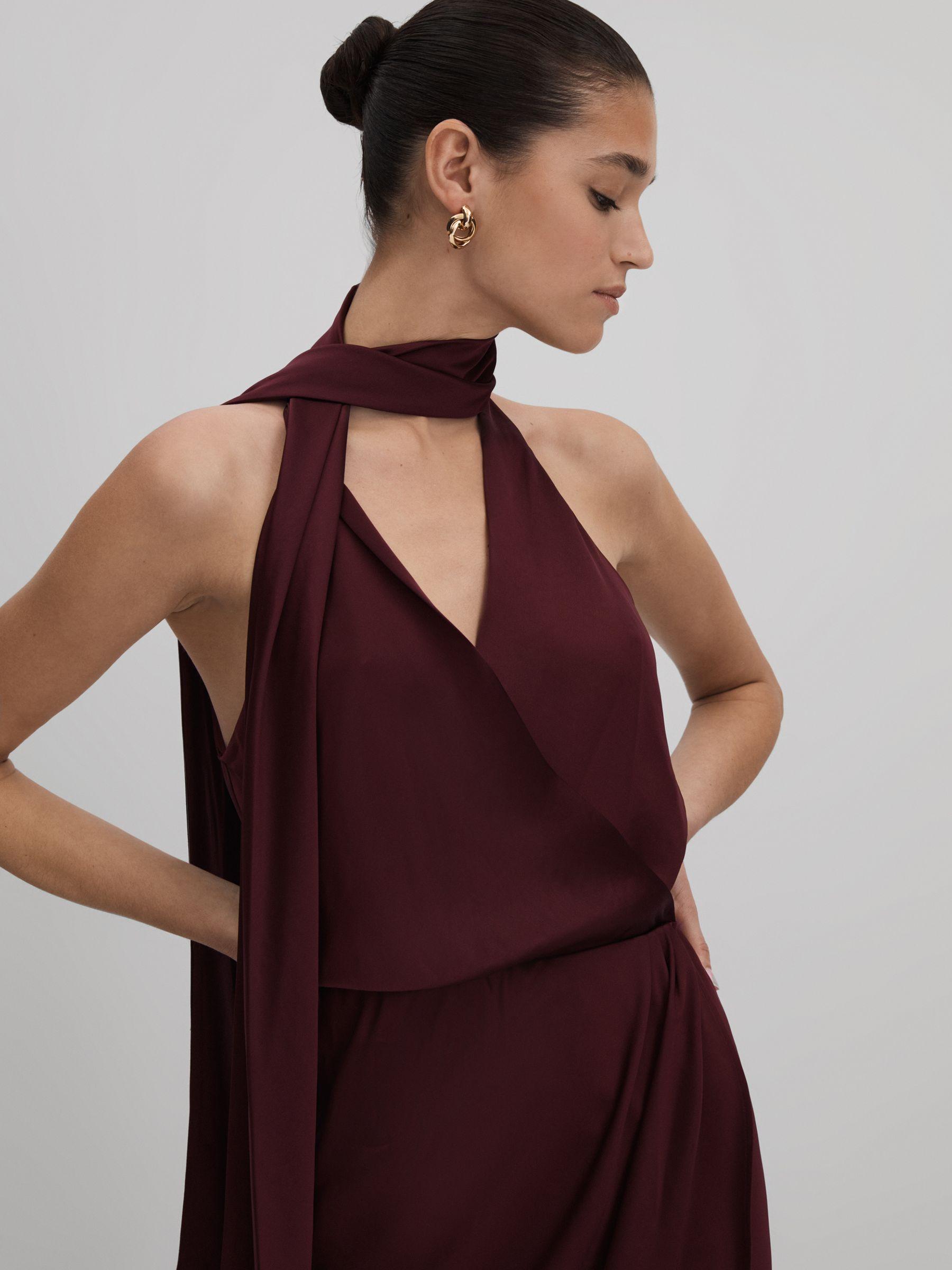 Satin Wrap Front Midi Dress in Burgundy Product Image