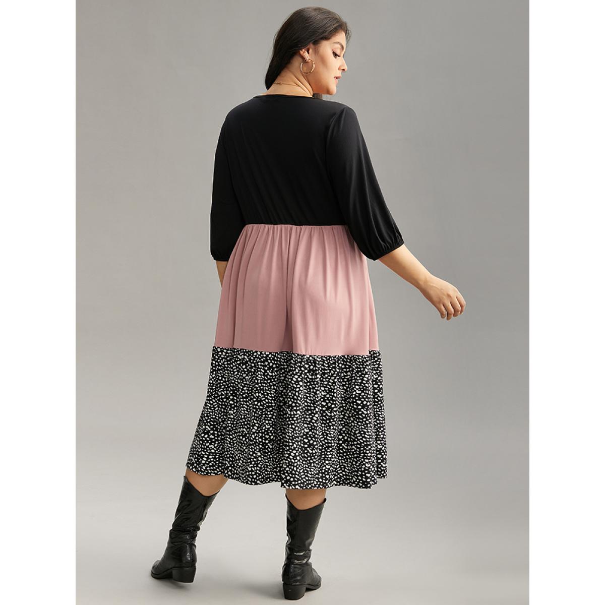 Plus Size Leopard Colorblock Patchwork Elastic Waist Dress Multicolor Women Casual Elastic cuffs V-neck Elbow-length sleeve Curvy Midi Dress BloomChic 14-16/1X Product Image