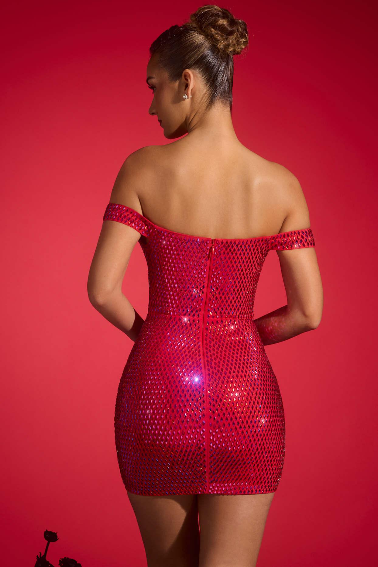 Embellished Off-Shoulder Mini Dress in Crimson Red Product Image