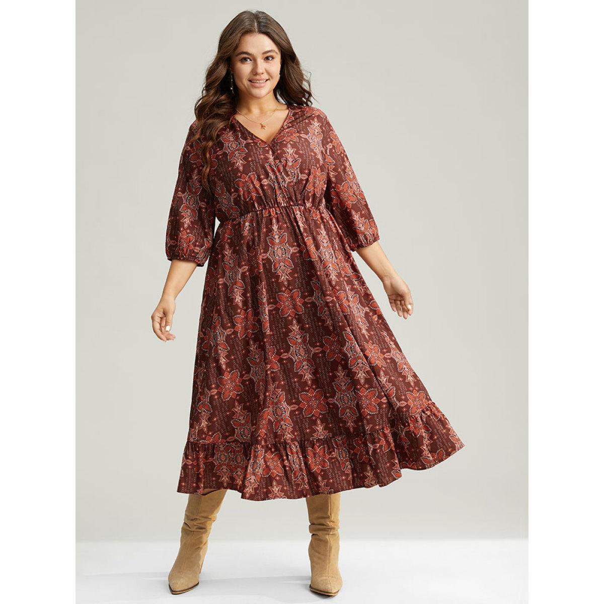 Plus Size Christmas Boho Print Wrap Ruffle Layered Hem Dress Raspberry Women Office Elastic cuffs Overlap Collar Elbow-length sleeve Curvy Midi Dress BloomChic 12/L Product Image